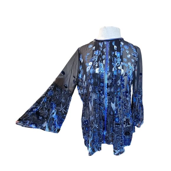 Tahari Peasant Top Womens Medium Burnout Velvet Floral Bell Flare-Sleeve Sheer - Picture 5 of 12